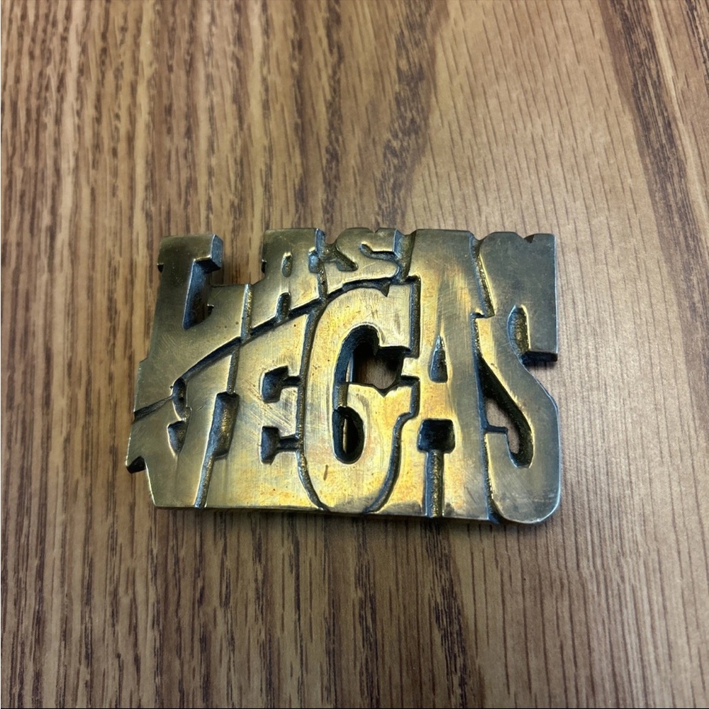 Vintage Las Vegas Solid Brass Belt Buckle Casino Gambling Souvenir